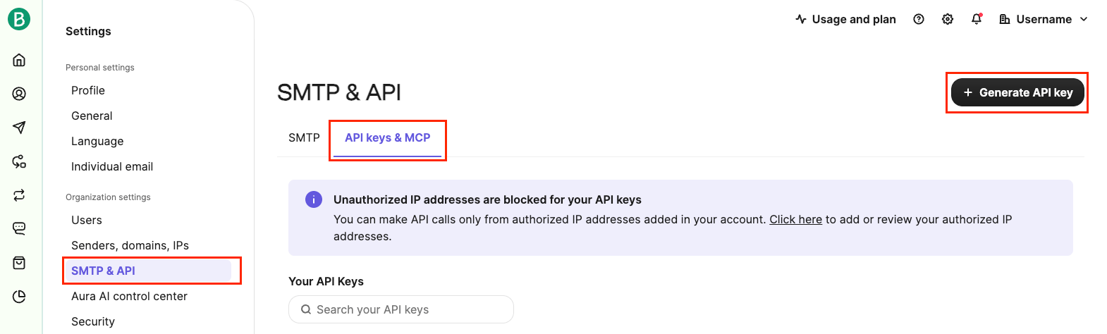 SMTP & API page with the API keys & MCP tab and Generate API key button