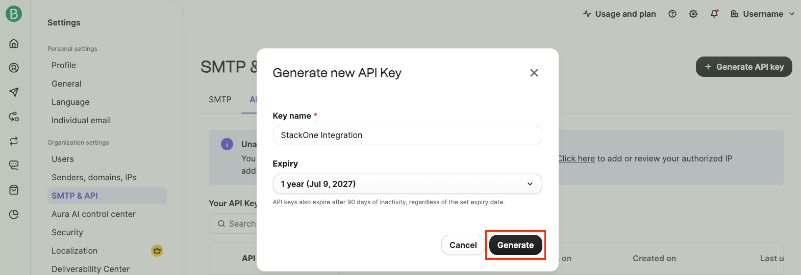 Generate new API Key dialog with Key name field, Expiry dropdown, and Generate button