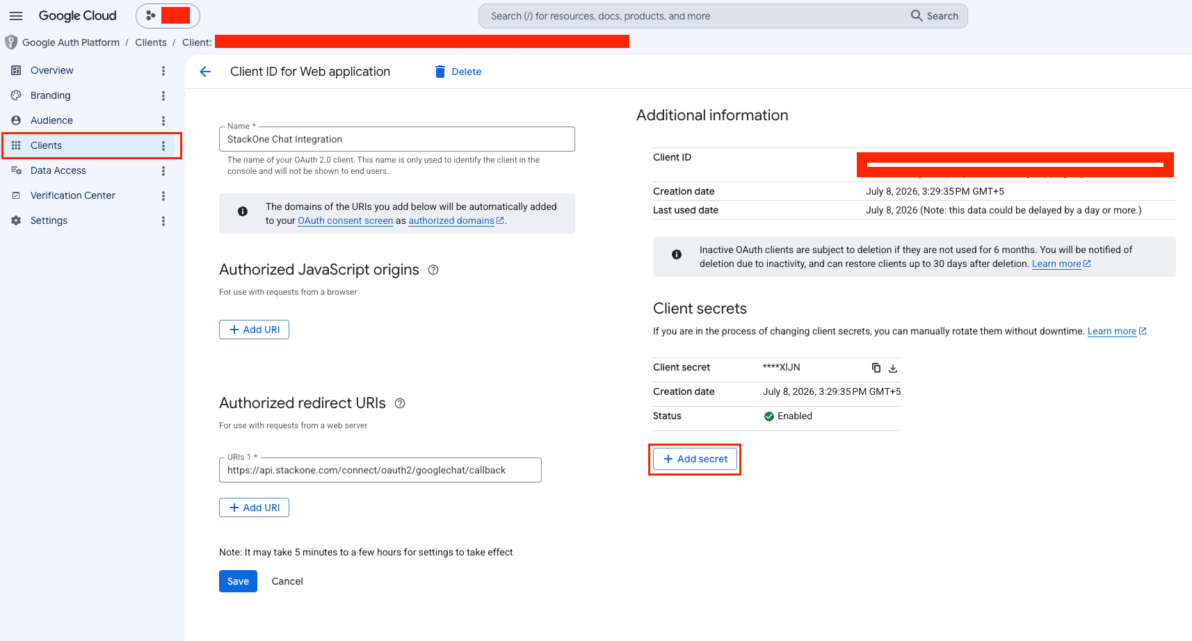 Existing OAuth client ID page showing Add URI and Add secret buttons