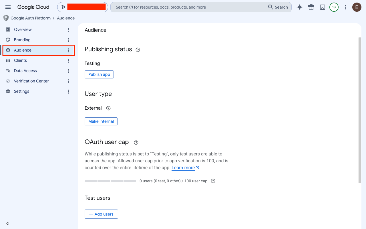 Google Auth Platform Audience page showing Publishing status, User type, and Test users sections