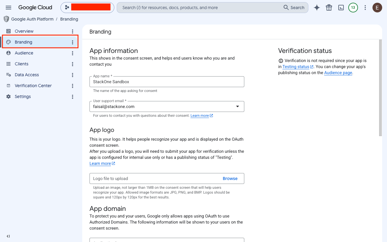 Google Auth Platform Branding page with App name and User support email fields