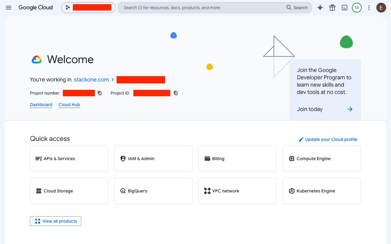 Google Cloud Console welcome page with project selector