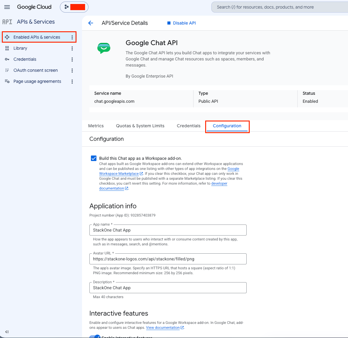 Google Chat API Configuration tab showing App status, Application info, and connection settings