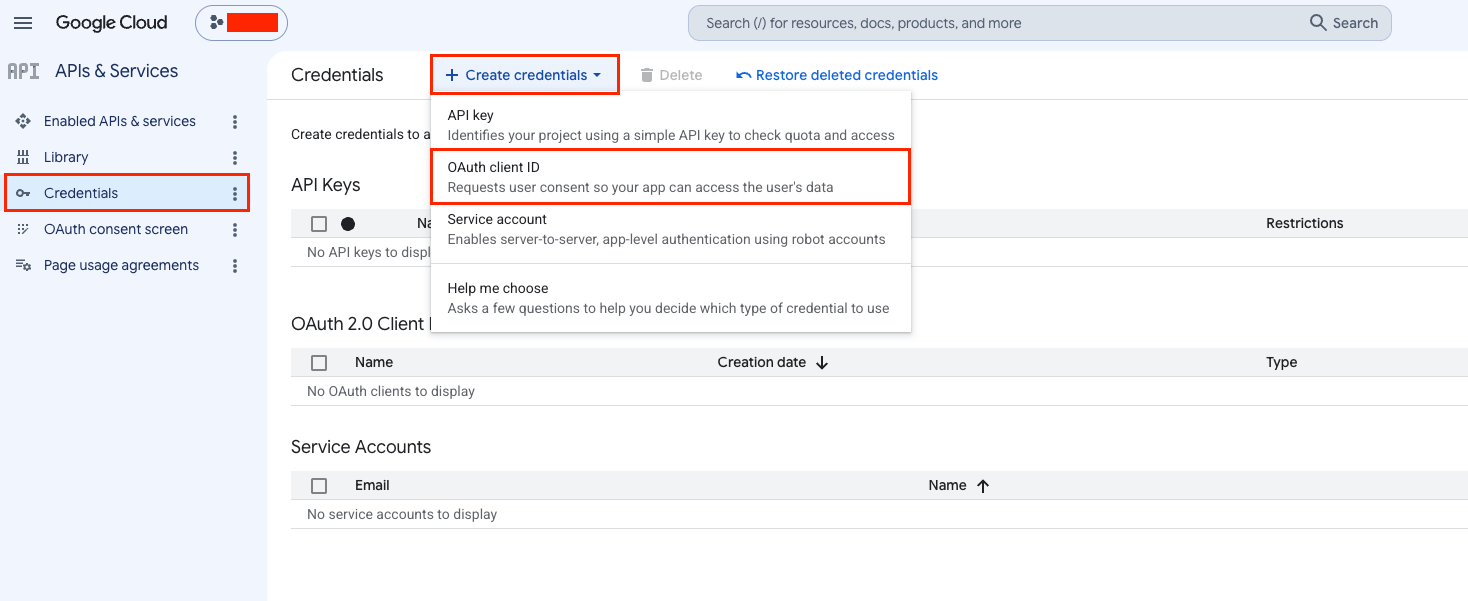 APIs and Services Credentials page showing Create Credentials button and OAuth 2.0 Client IDs list