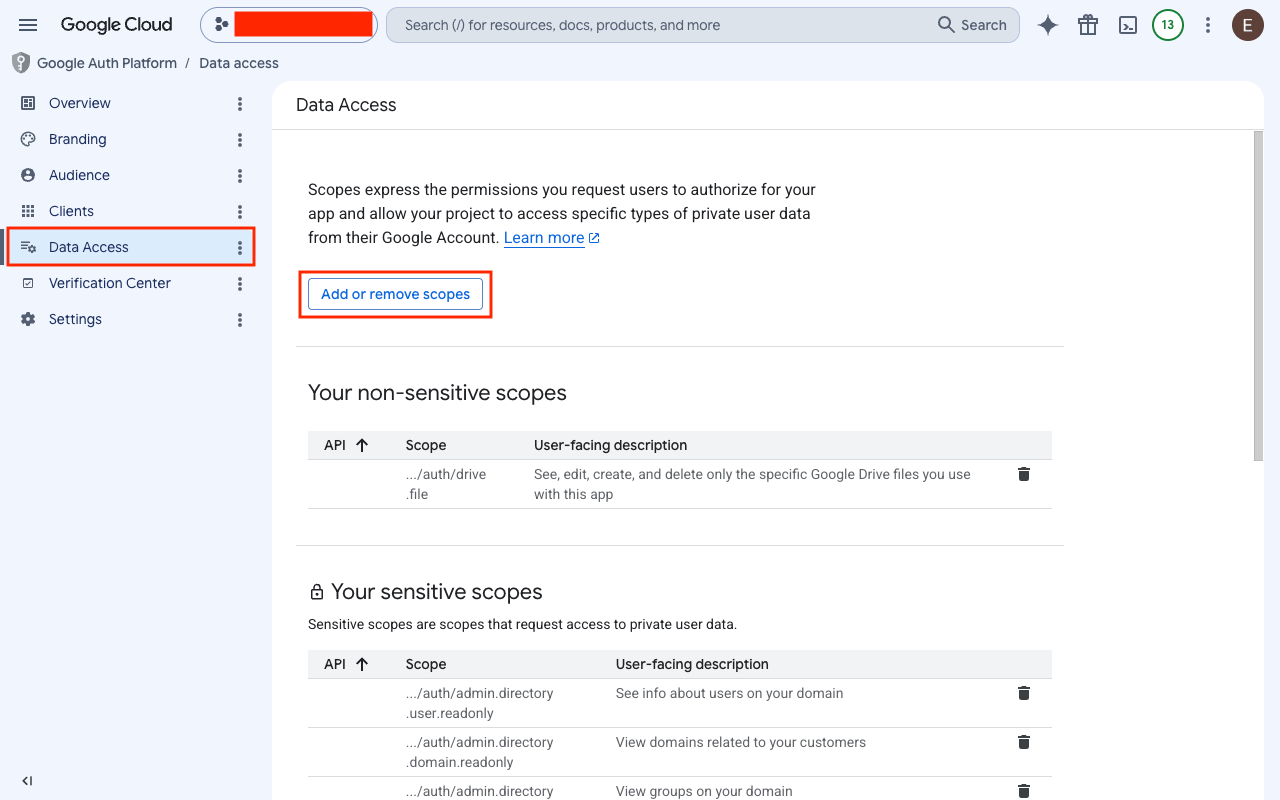 Google Auth Platform Data Access page with Add or remove scopes button and scope tables