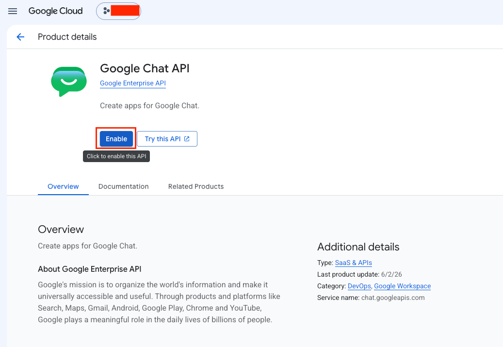 Google Chat API product details page showing Enable and Manage buttons