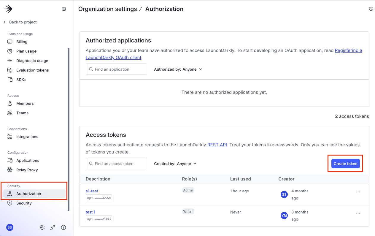 Access tokens section with Create token button