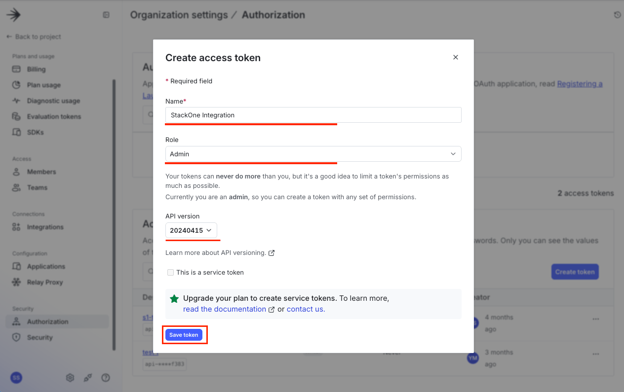 Create access token dialog with Name, Role, API version, and Save token button