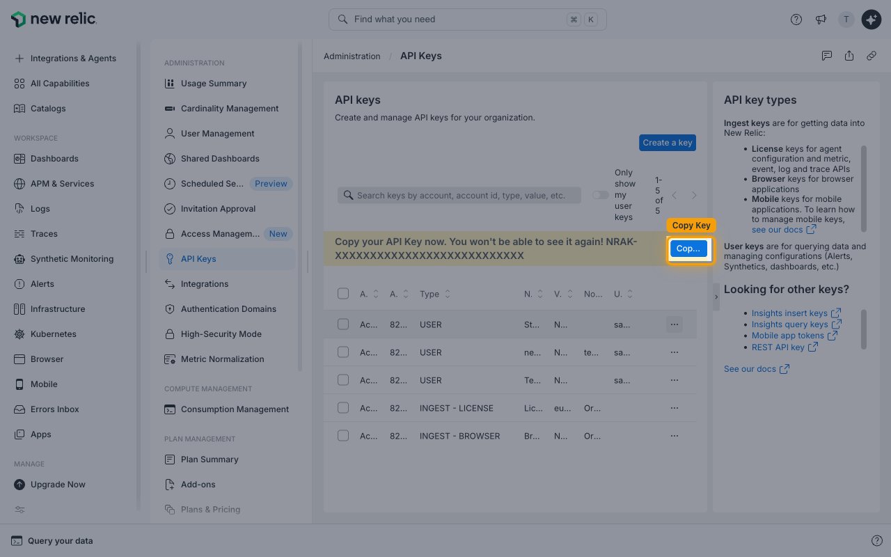 Banner prompting to copy the API key now with the Copy Key button highlighted