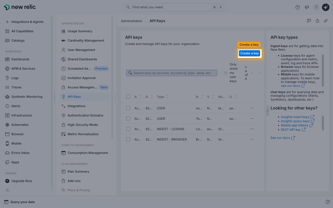 New Relic API keys page with the Create a key button highlighted