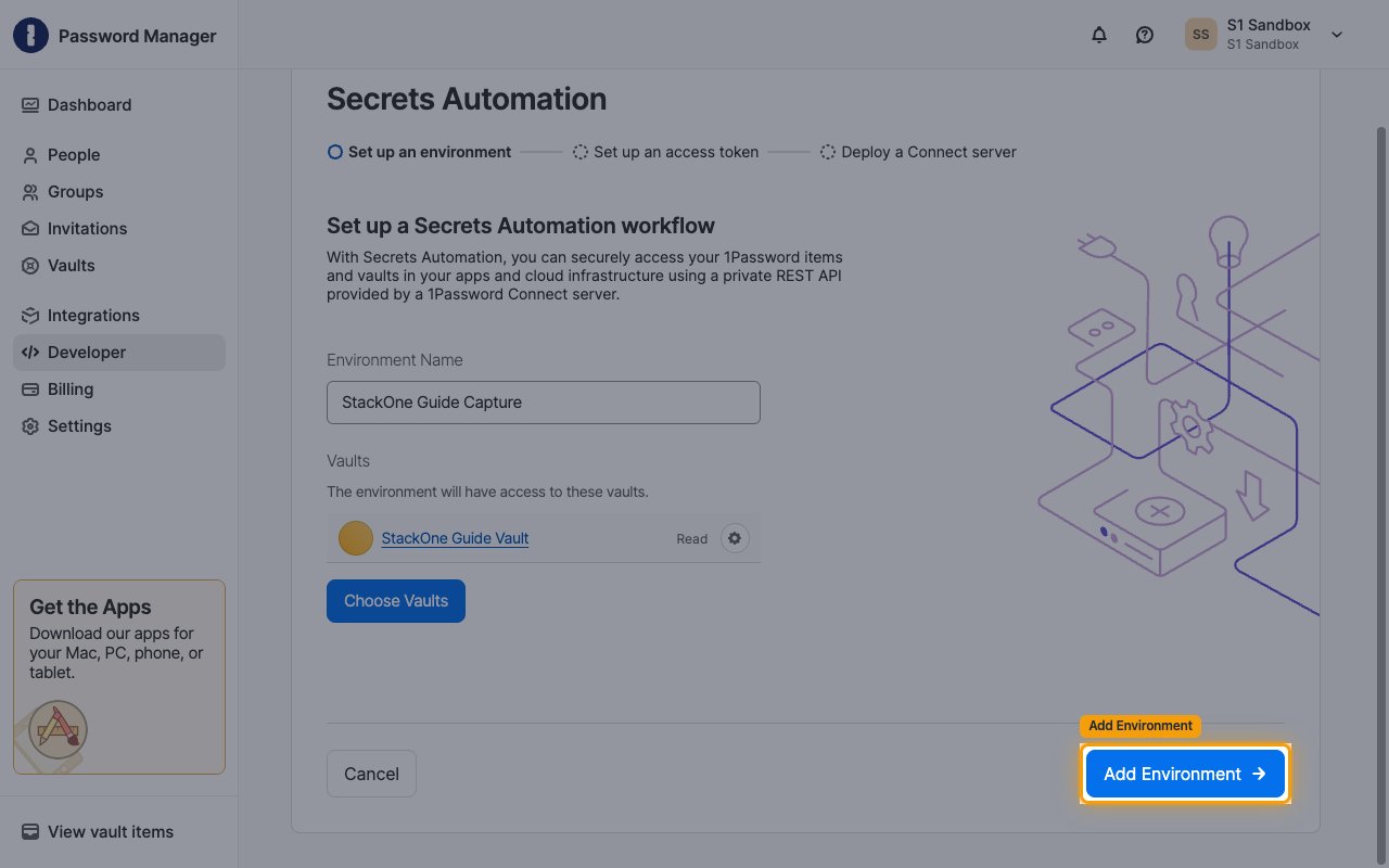 Set up a Secrets Automation workflow screen with the Add Environment button highlighted