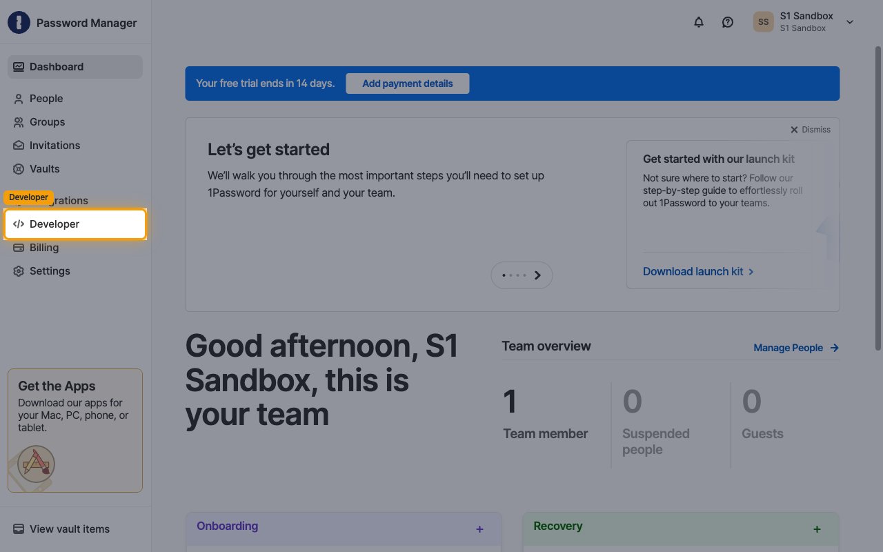 1Password dashboard with the Developer item highlighted in the sidebar