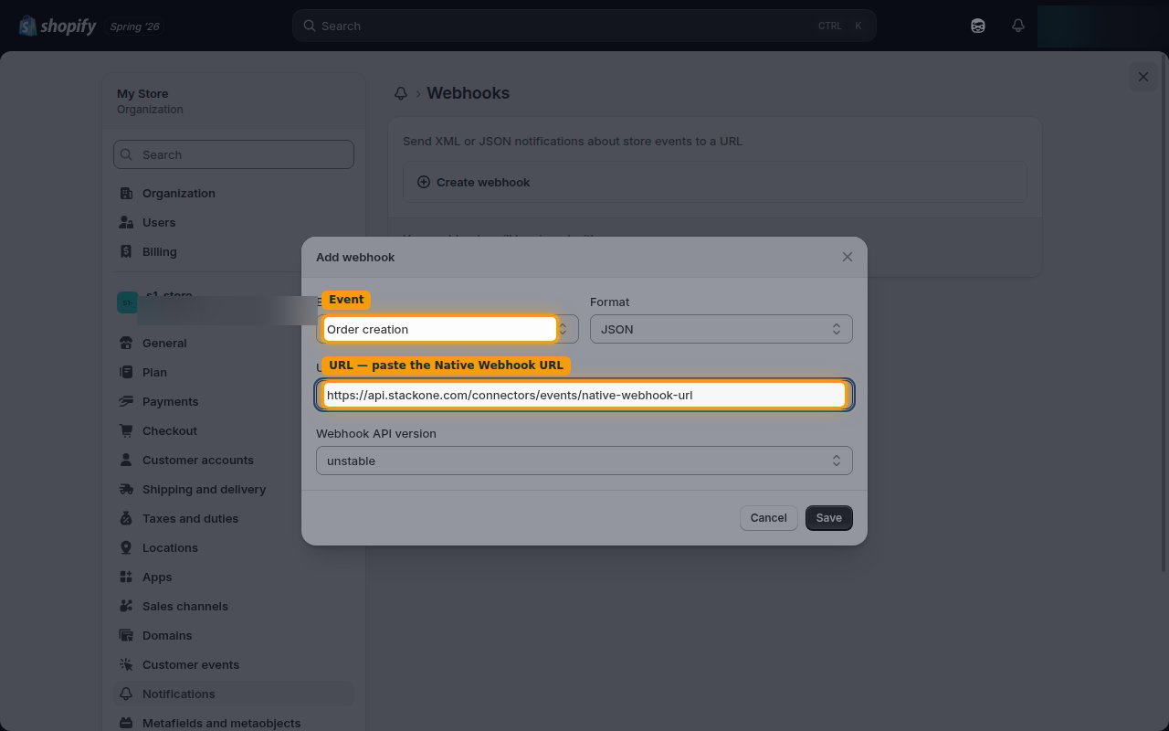 The Add webhook dialog with the Event selector and the URL field highlighted.