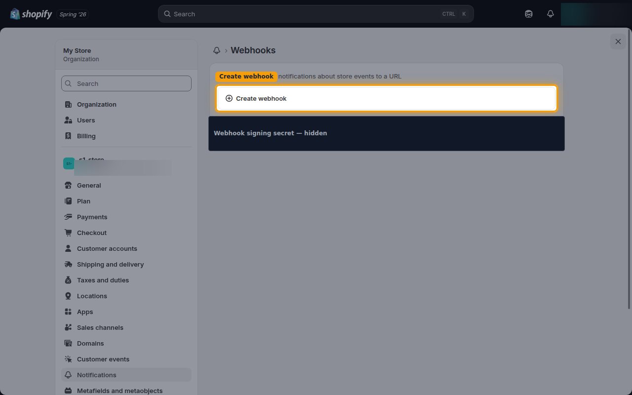The Webhooks page with the Create webhook button highlighted and the signing secret below it.