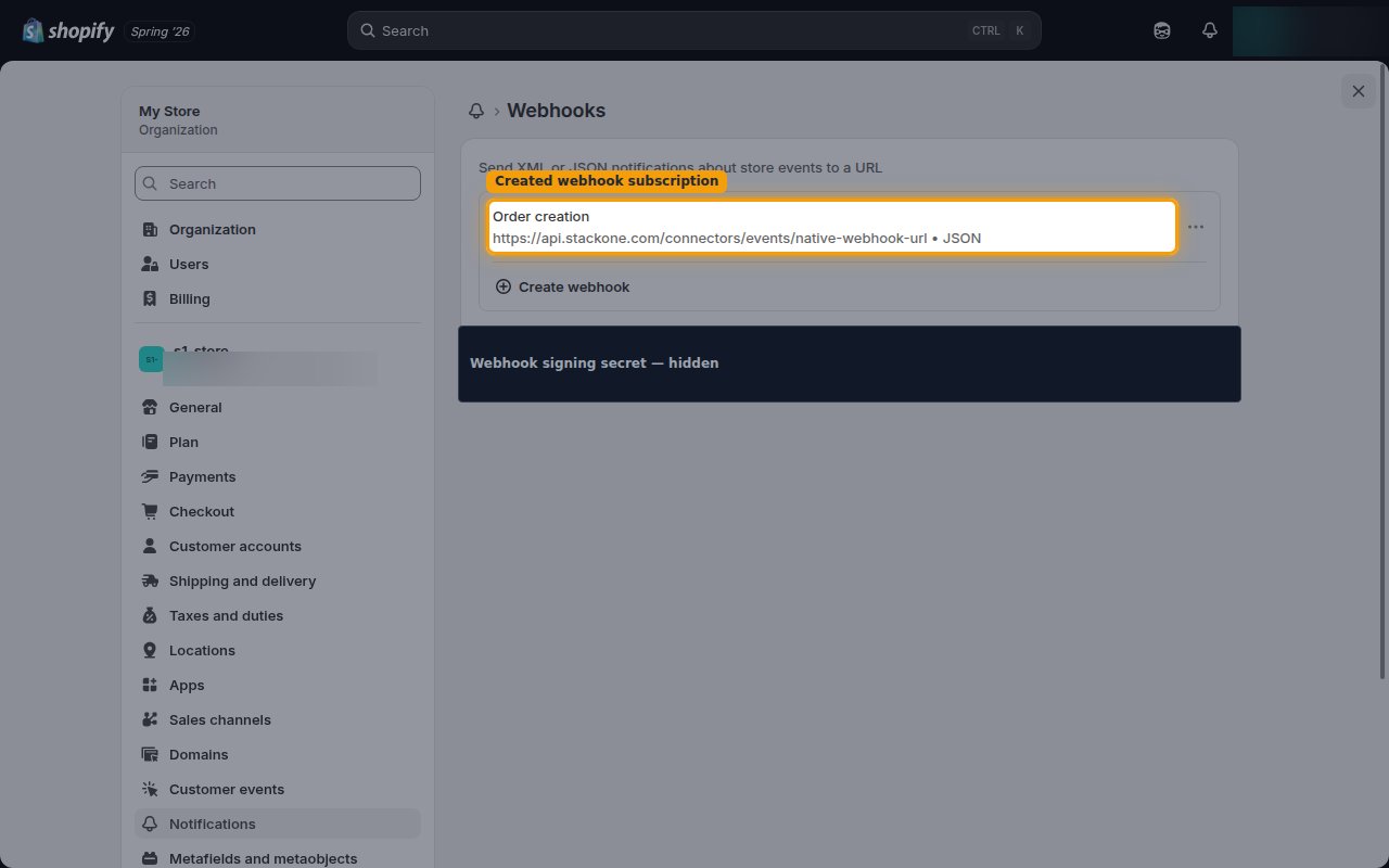 The Webhooks page listing the newly created Order creation subscription.