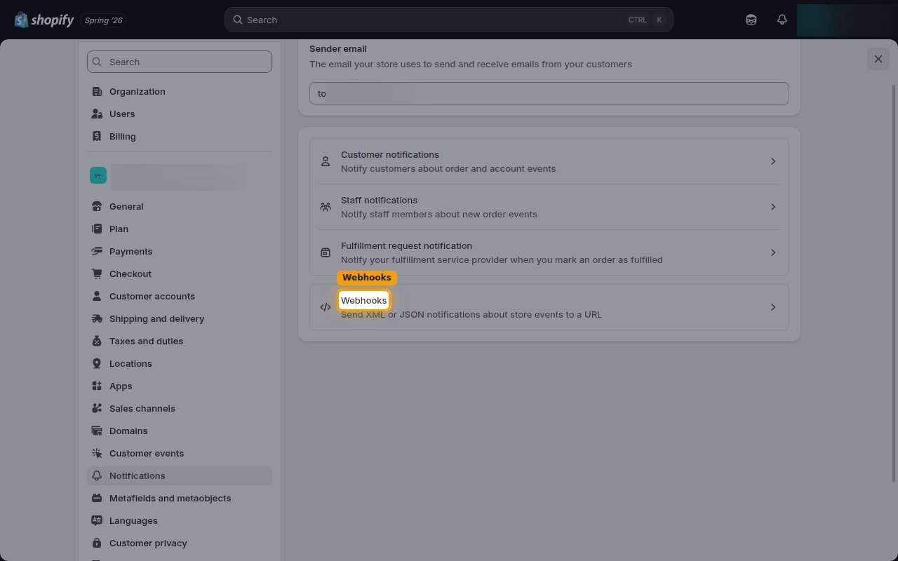 The Notifications settings page with the Webhooks entry highlighted.