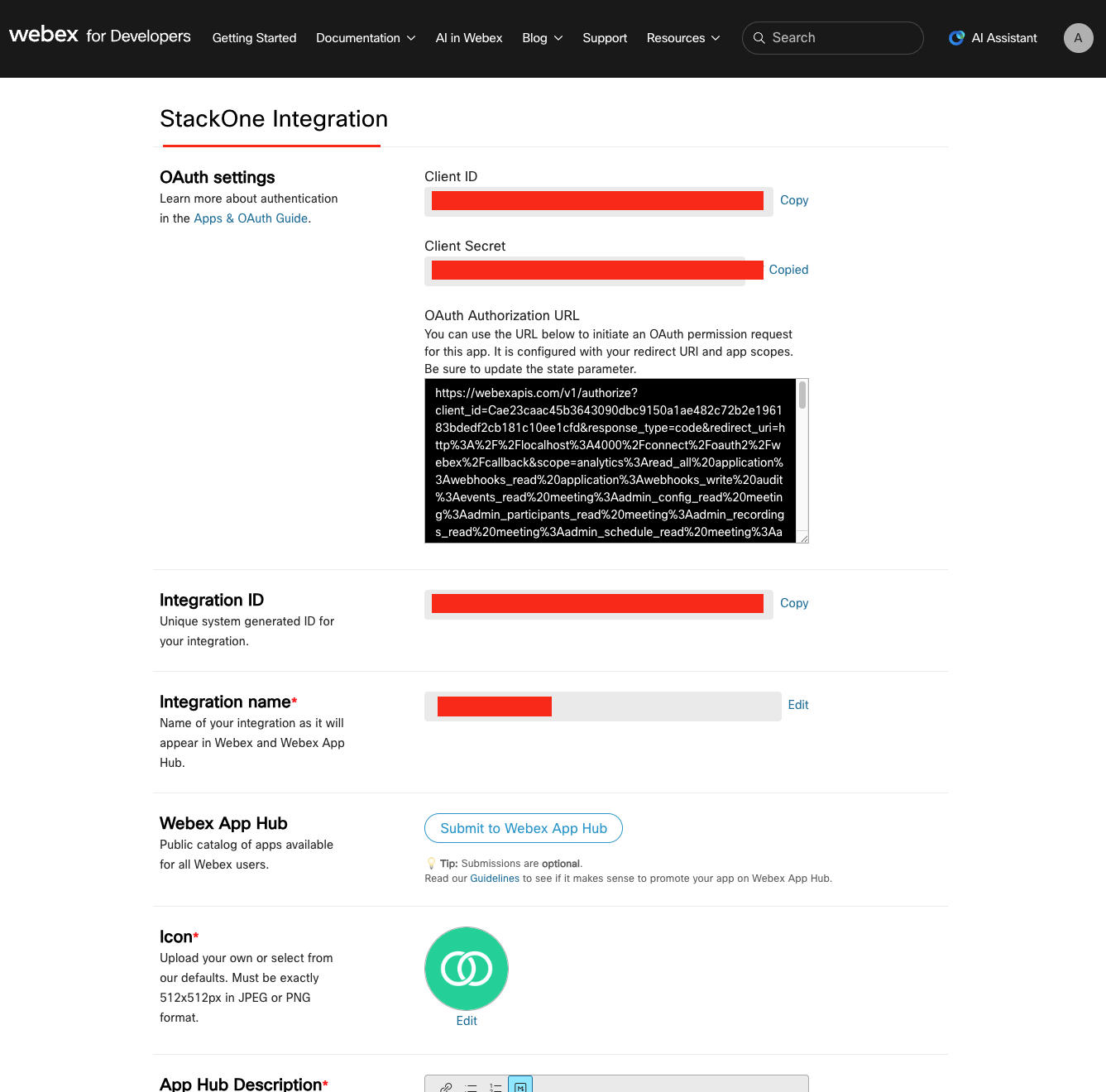 Integration detail page showing Client ID, Client Secret with Regenerate button, and OAuth settings