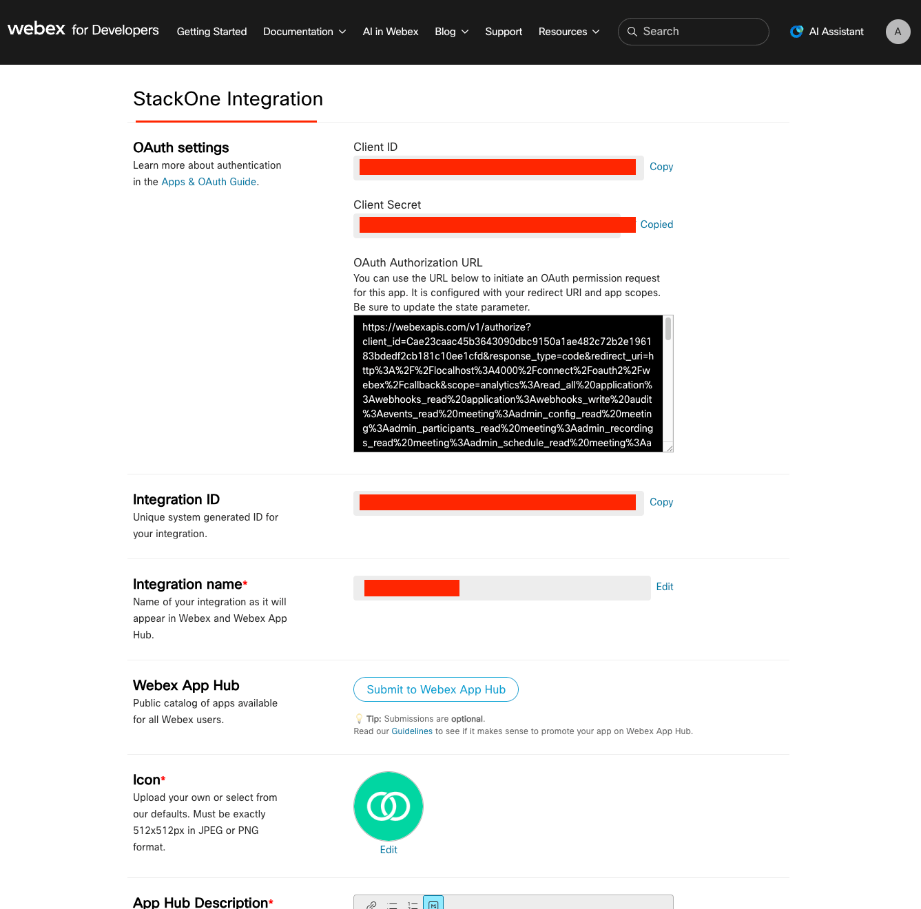 Integration detail page showing Client ID, Client Secret with Regenerate button, and OAuth settings