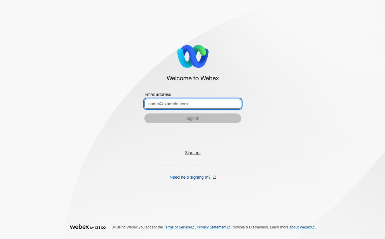 Webex Developer Portal sign-in page