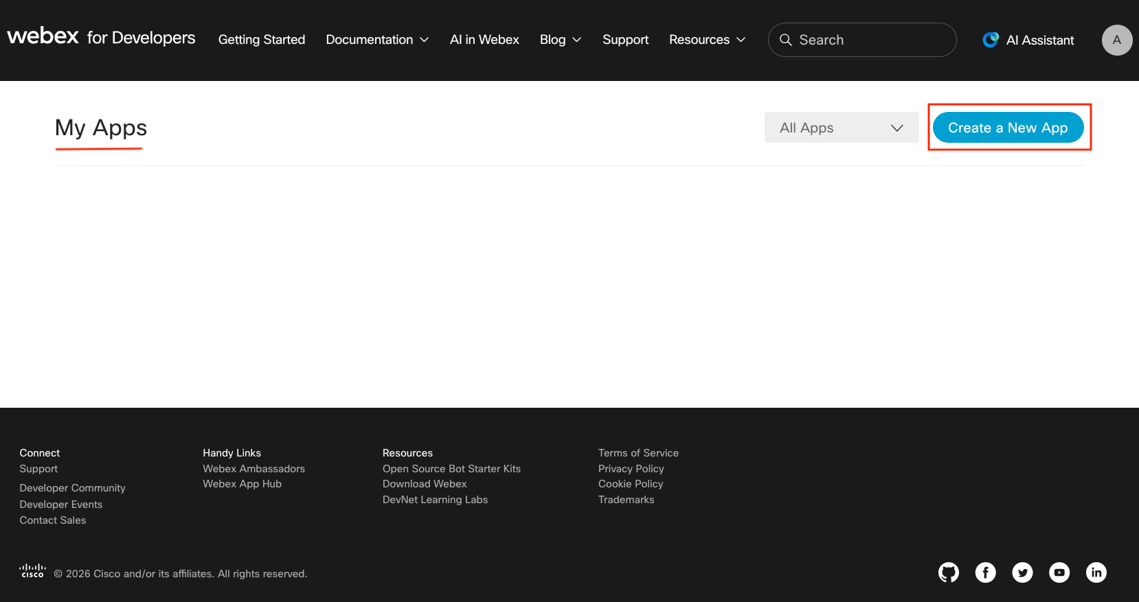 Webex Developer Portal My Apps page showing existing integrations and the Create a New App button