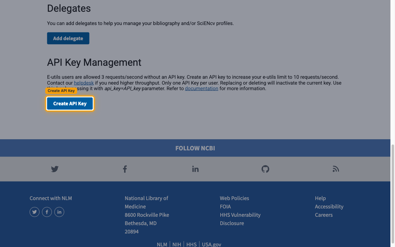 API Key Management section of NCBI Account settings with the Create API Key button highlighted