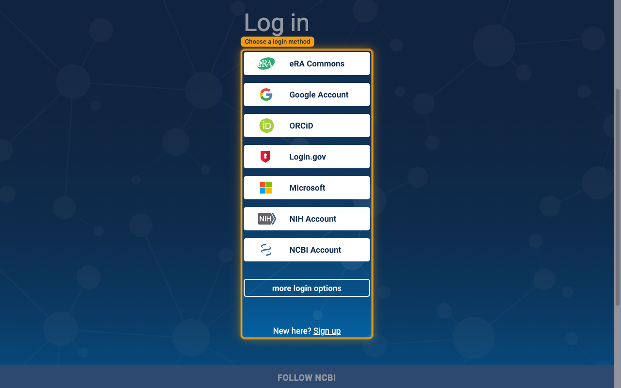 NCBI Log in screen showing the available third-party login methods