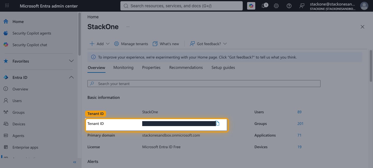 Entra ID Overview page showing the Basic information section with the Tenant ID field and copy icon