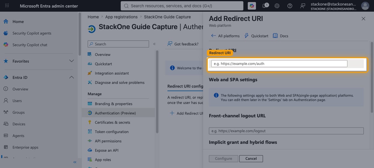 Add Redirect URI panel for Web platform showing the Redirect URI input field and Configure button