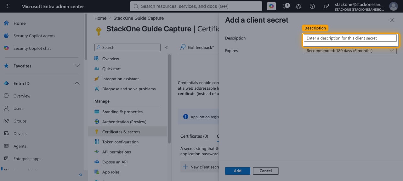 Add a client secret dialog with Description field and Expires dropdown
