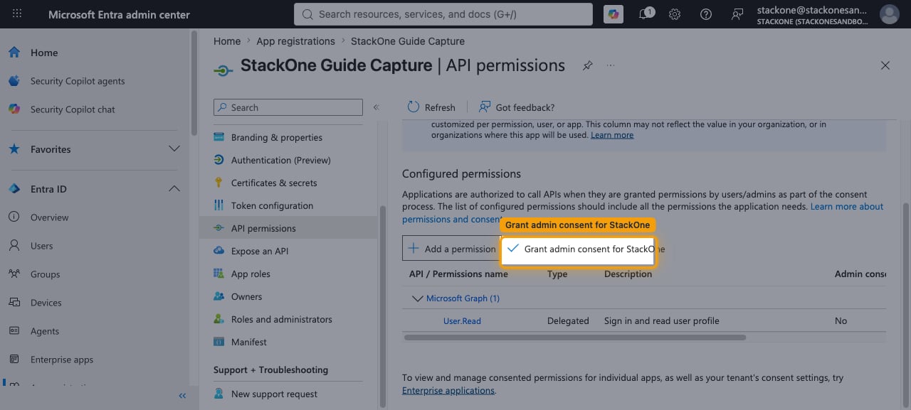 API permissions page showing the Grant admin consent for StackOne button and configured permissions table