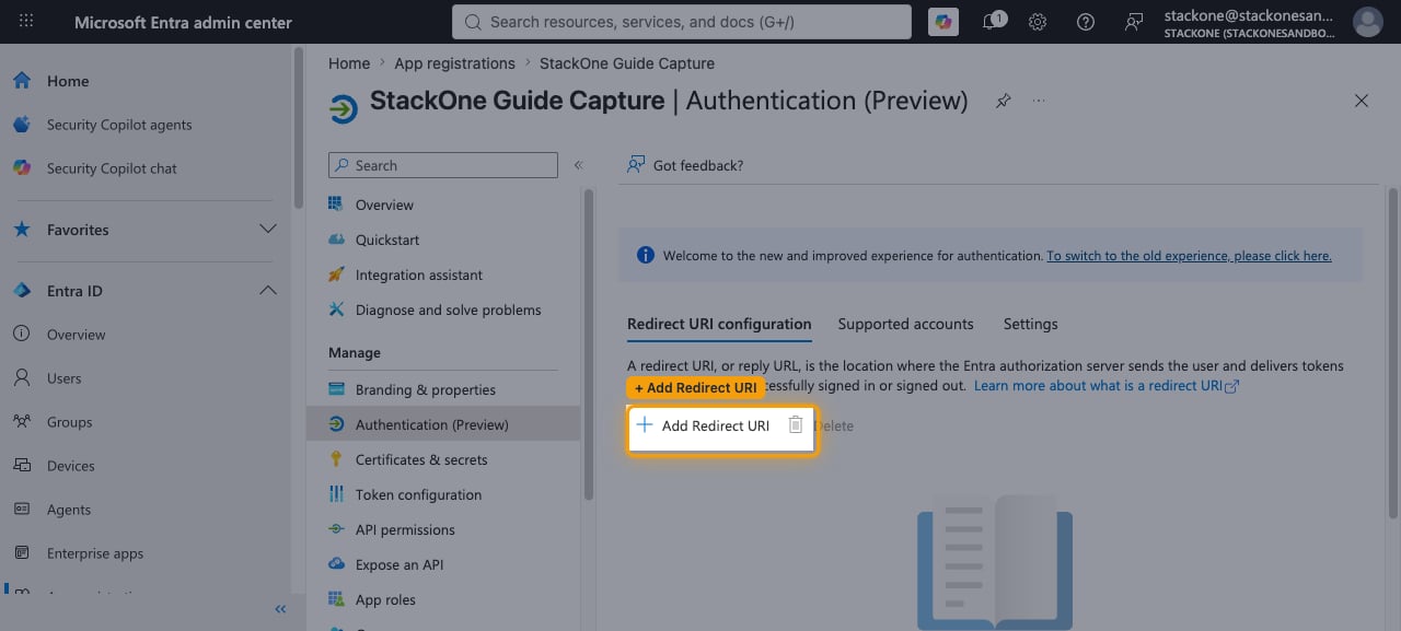 Authentication (Preview) page showing the Redirect URI configuration tab and + Add Redirect URI button