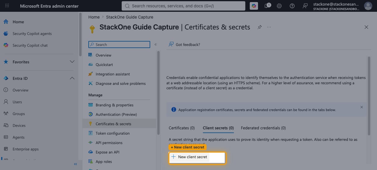 Certificates & secrets page with the Client secrets tab and + New client secret button