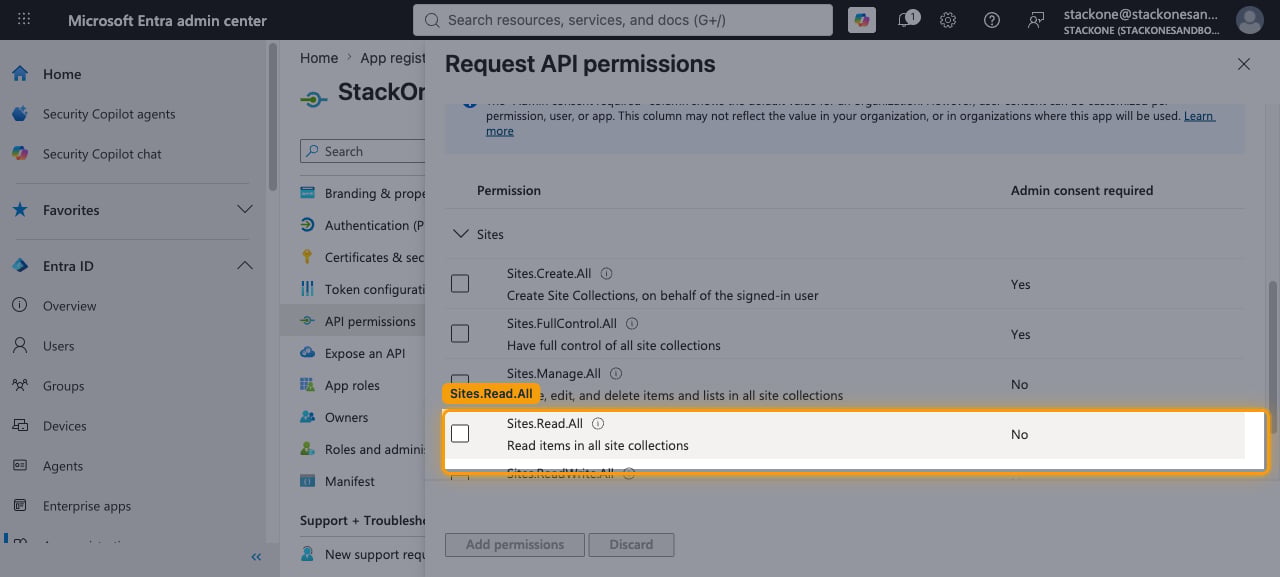 Sites permissions list showing Sites.Read.All and Sites.ReadWrite.All checkboxes