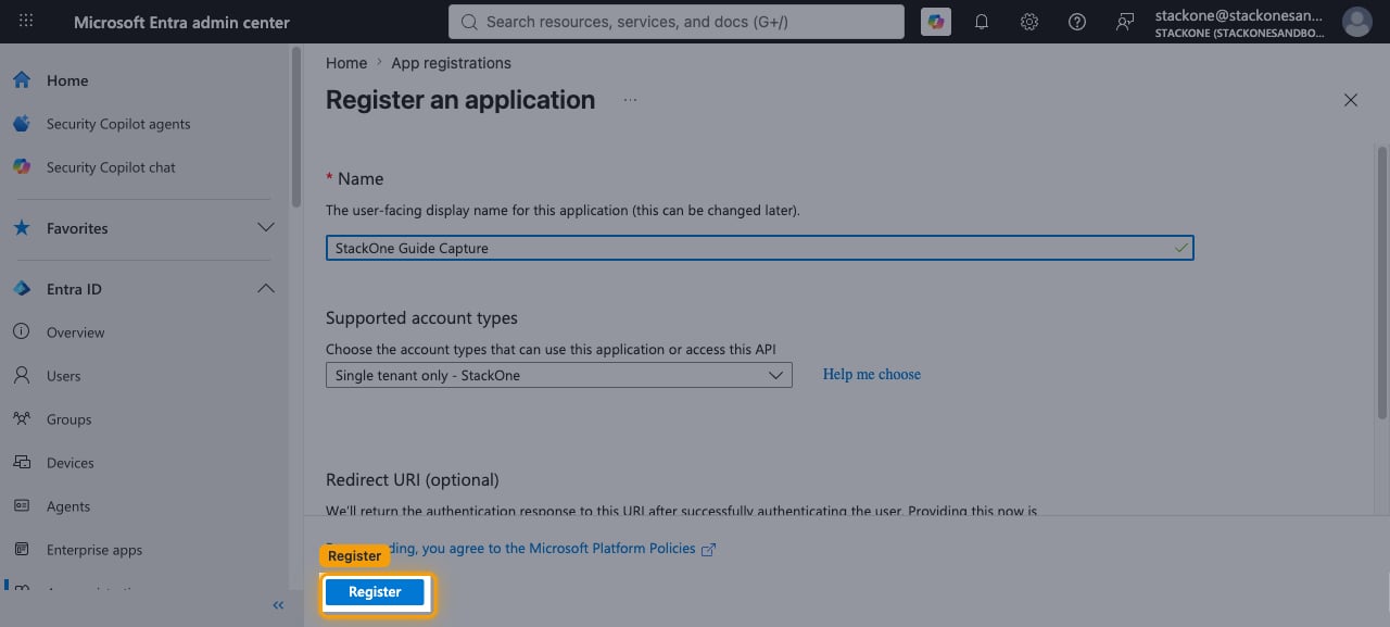 Register an application form showing the Name field, Supported account types dropdown, and Register button