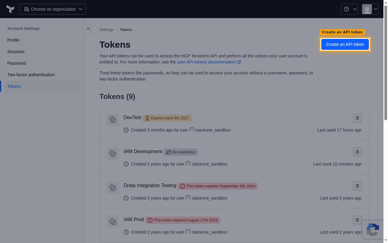 The Tokens page under Account Settings with the Create an API token button highlighted