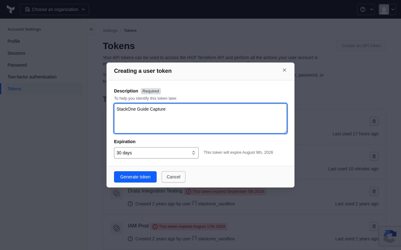 The Creating a user token dialog with the Description and Expiration fields and the Generate token button highlighted