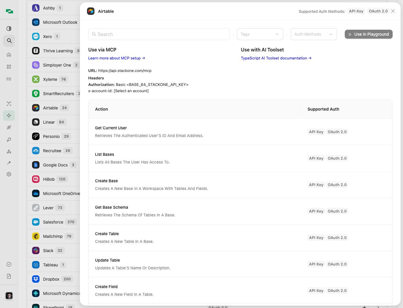 Connectors page showing integrations like Greenhouse, Ashby, HiBob, and their supported authentication methods