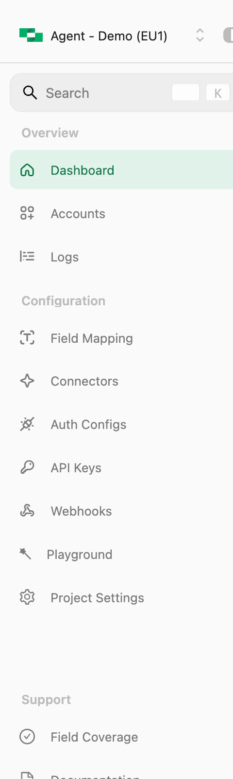 StackOne dashboard with sidebar showing Overview, Configuration, and Support sections