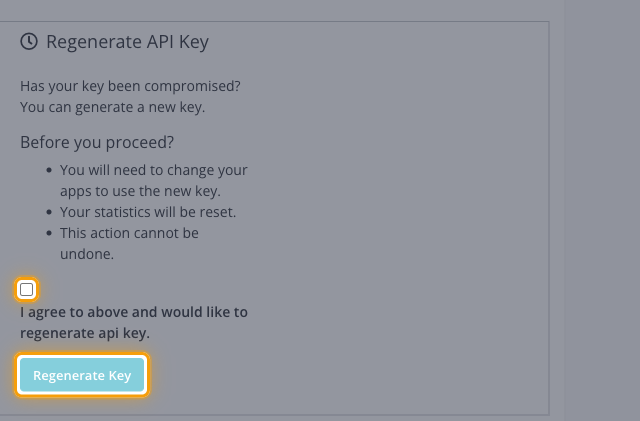 Regenerate API Key panel with the agreement checkbox and Regenerate Key button