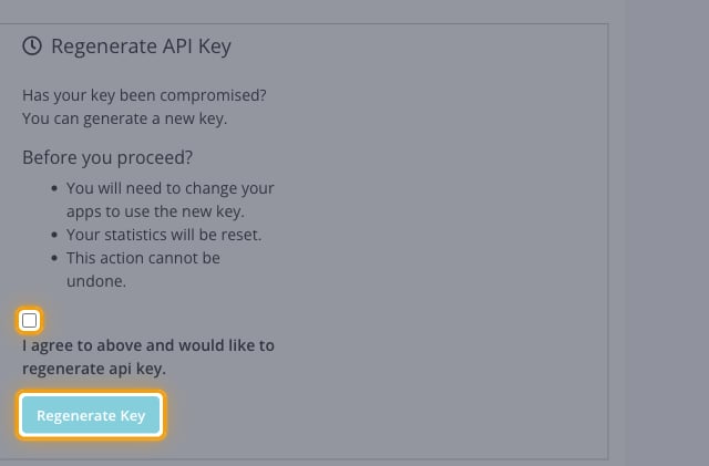 Regenerate API Key panel with the agreement checkbox and Regenerate Key button