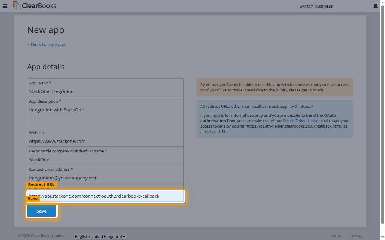 The New app form with the Redirect URL field and Save button highlighted