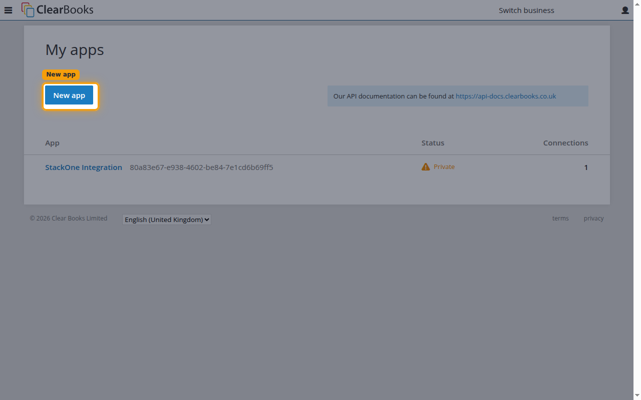 The My apps page in the developer portal with the New app button highlighted