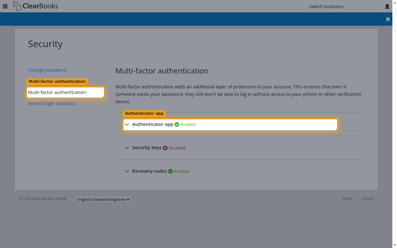 The Security page with Multi-factor authentication selected and Authenticator app enabled