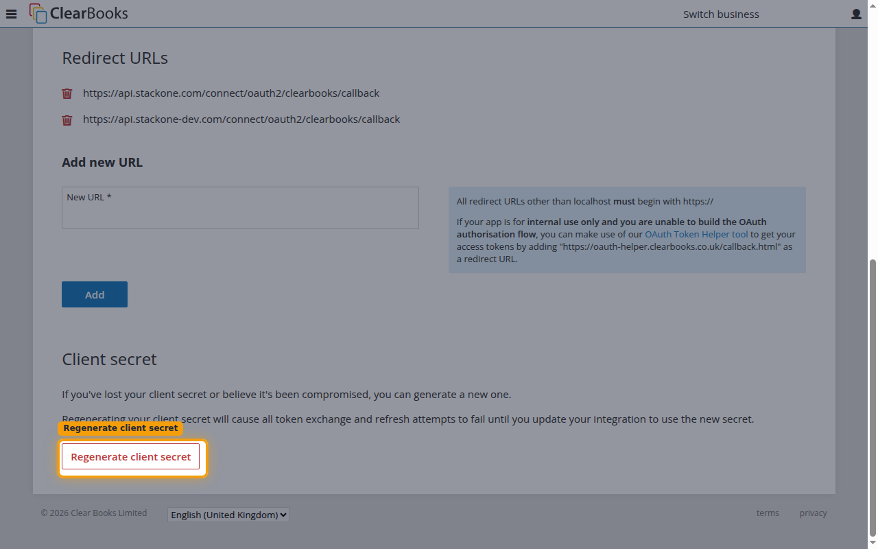 The Client secret section of the Manage app page with Regenerate client secret highlighted