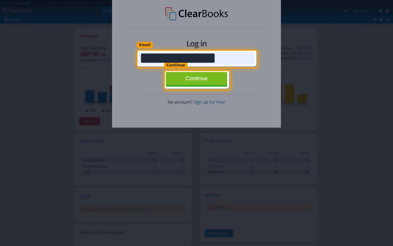 The Clear Books Log in screen with the Email field and Continue button