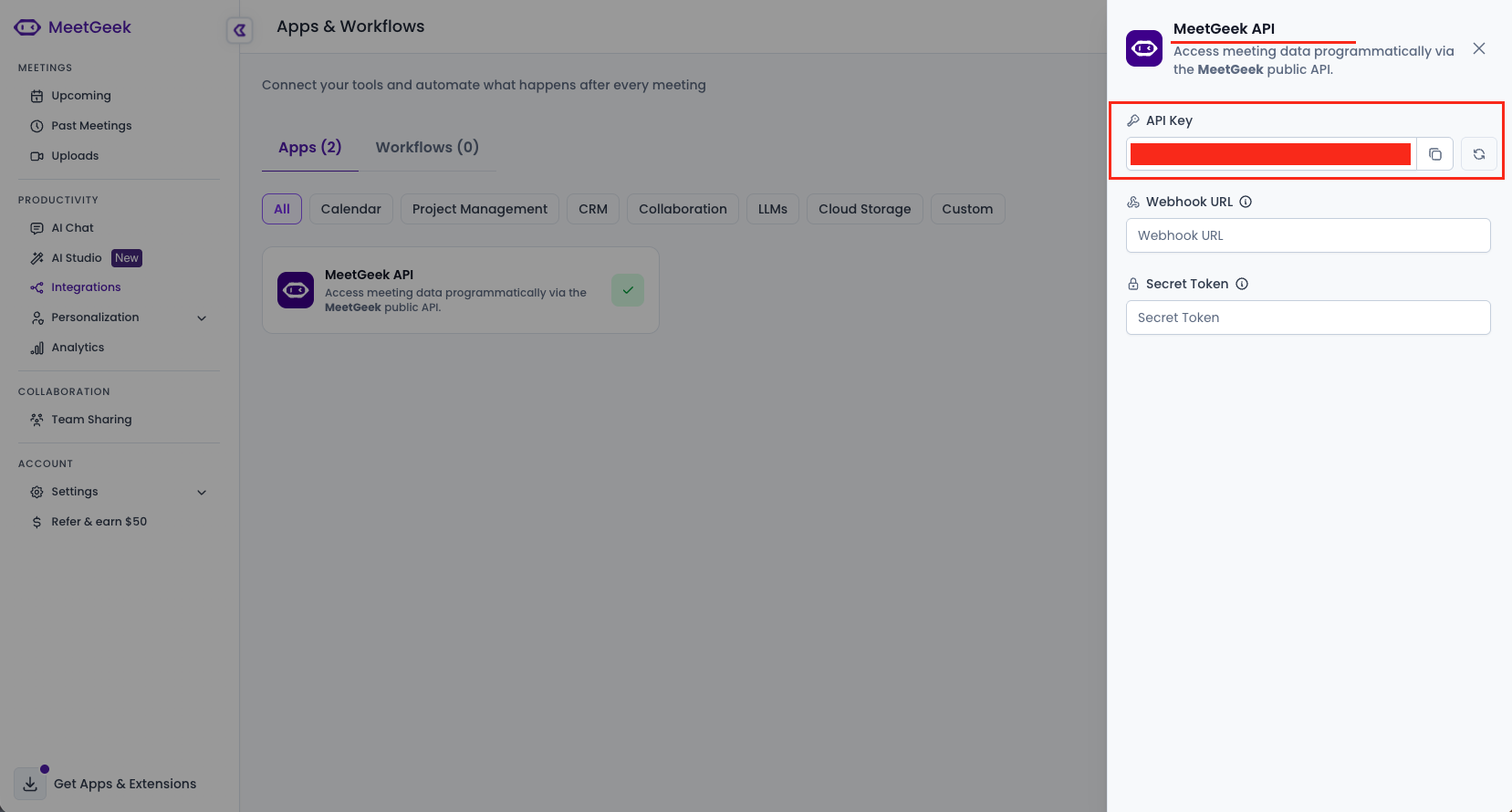 MeetGeek API settings panel