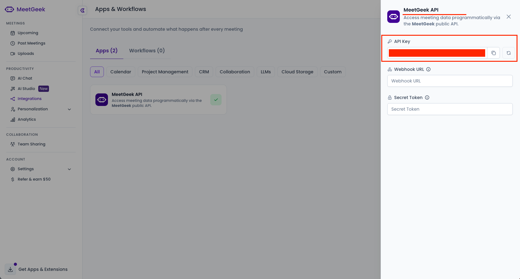MeetGeek API settings panel