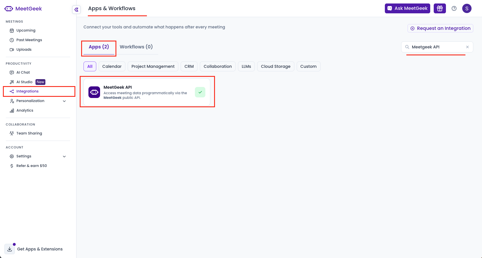 Apps & Workflows page with the MeetGeek API card on the Apps tab