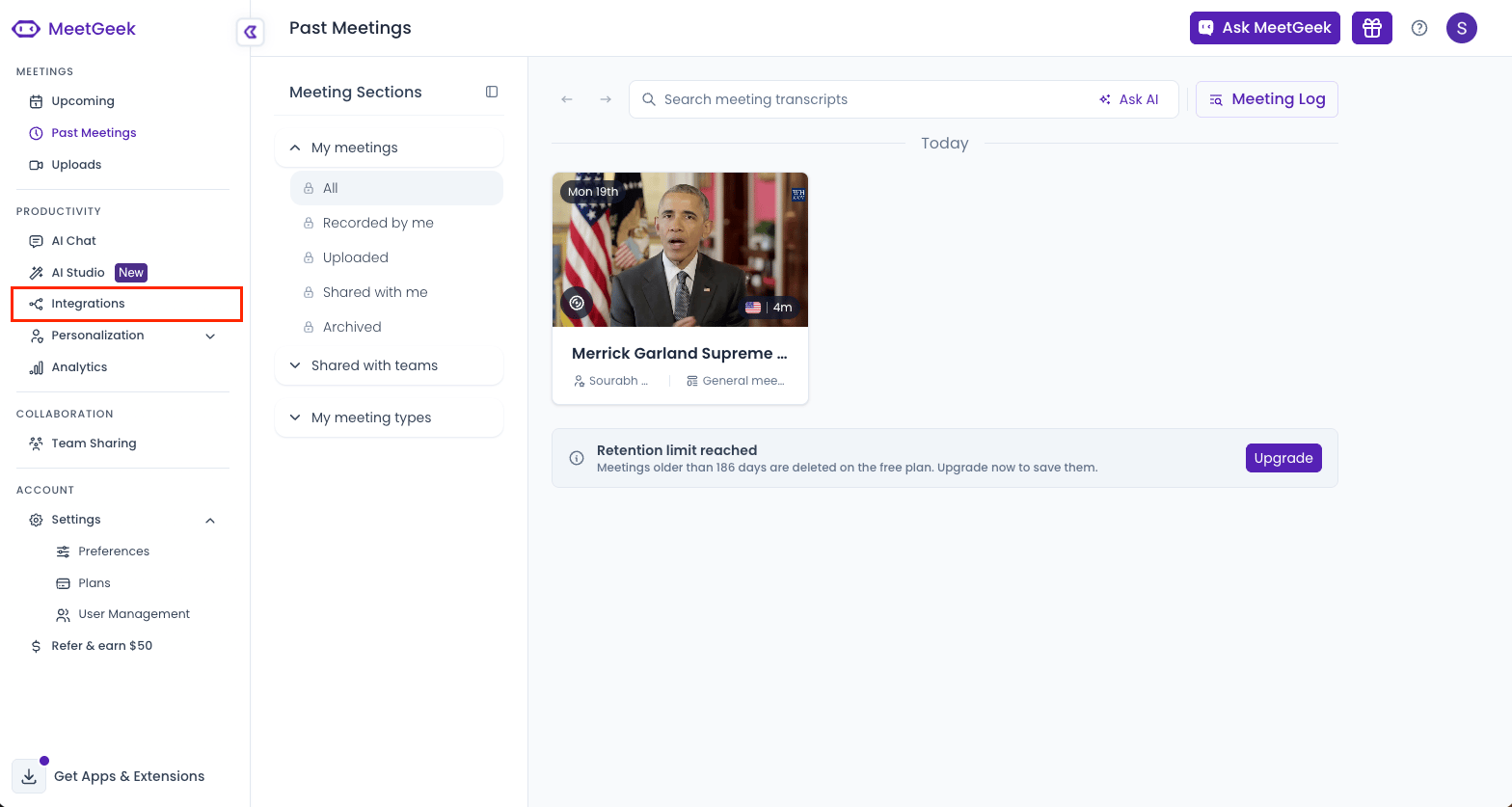 MeetGeek left-side navigation with Integrations highlighted