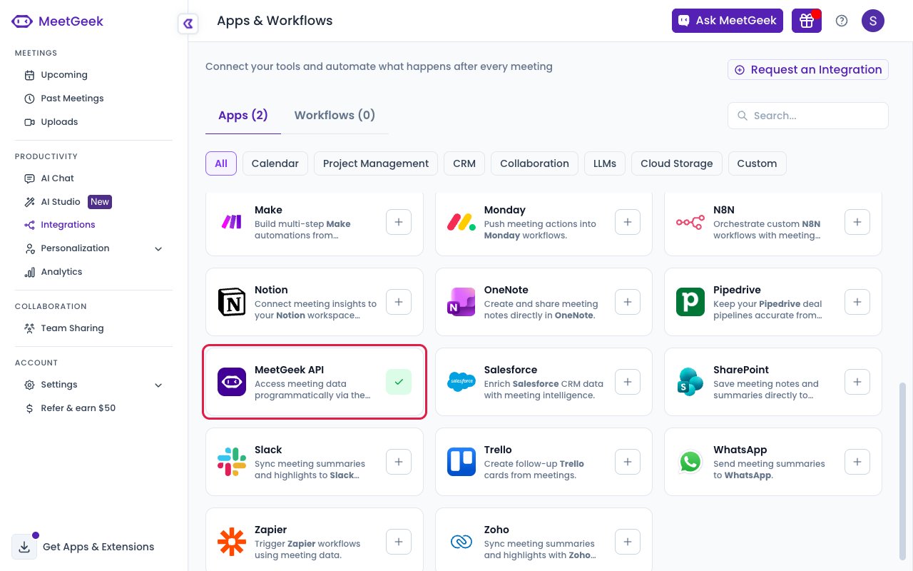 Apps and Workflows page with the MeetGeek API card highlighted on the Apps tab